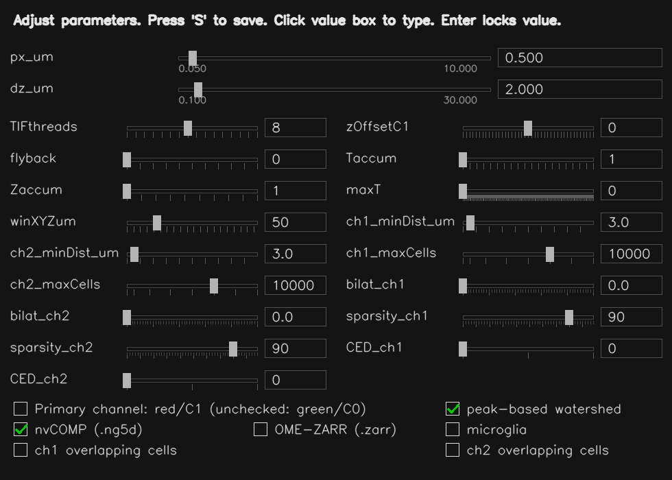 neuroGlia5D parameter panel with microscope and segmentation settings