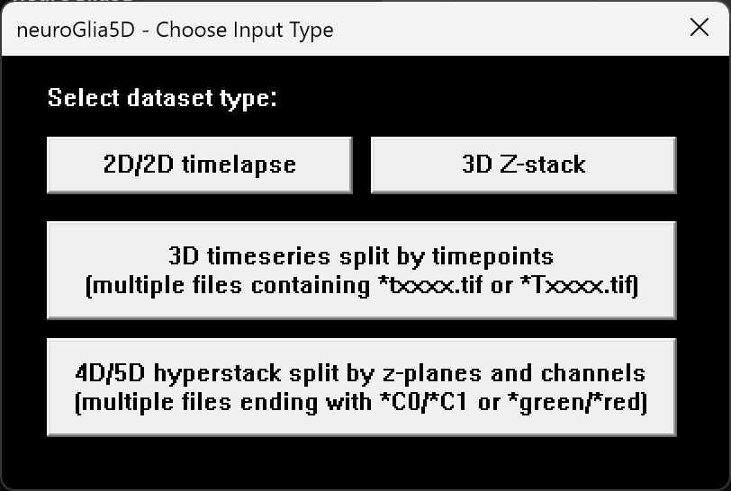 neuroGlia5D input type chooser for timelapse, z-stack, and hyperspectral stack workflows